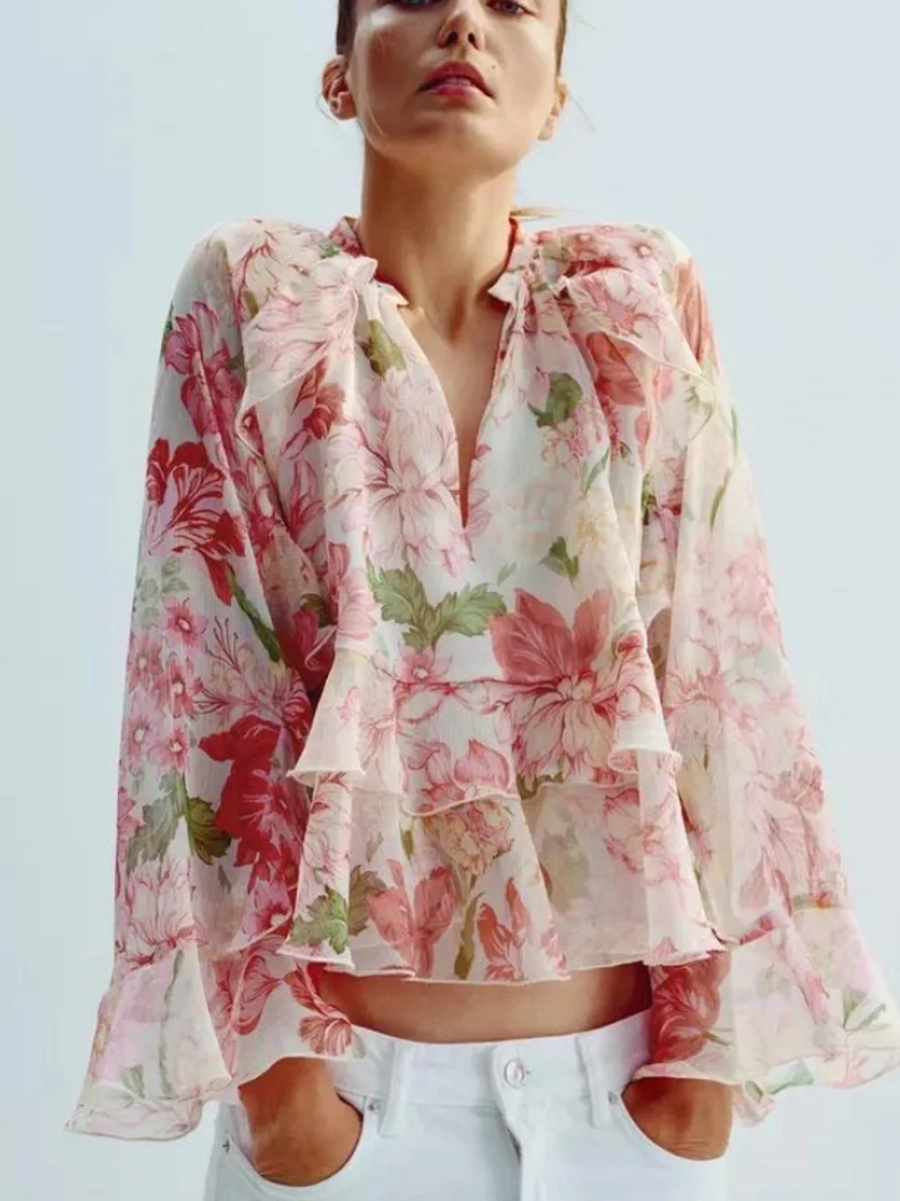 Zara Pink and Green Floral Printed Flowy Blouse with Romantic Ruffle Details XL - Picture 1 of 11